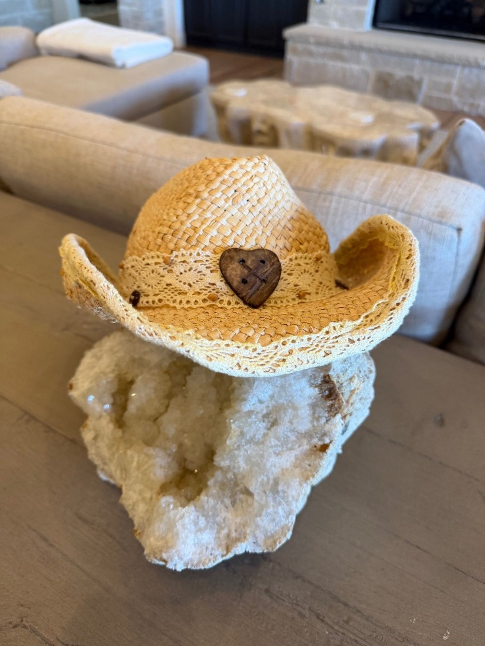 Scala Natural Fiber Western Handmade Cowboy Hat Lace Trim Heart Concert Festival